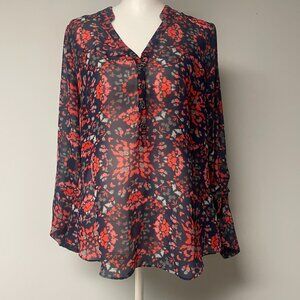 A.n.a. Womens Medium Sheer Flowy Print Blouse Roll Tab Sleeves Layers Boho